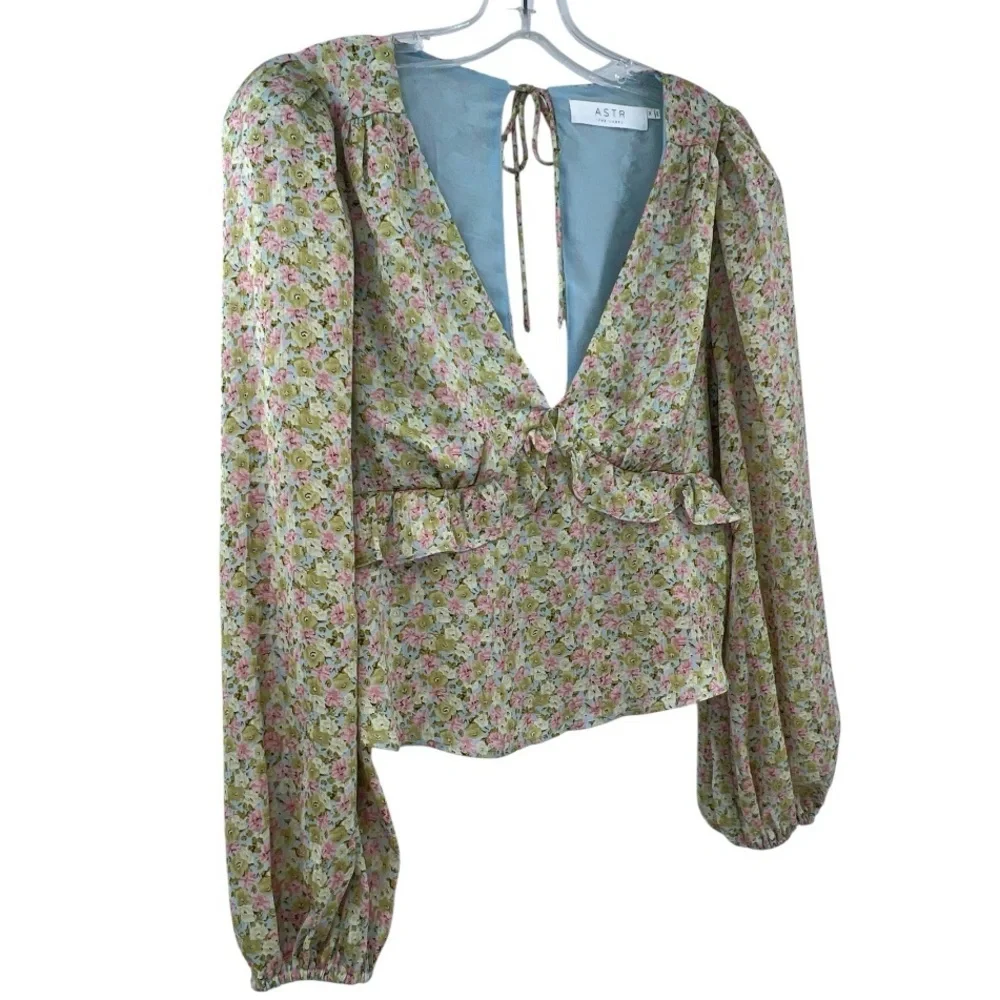 Astr the Label Floral Tie-Back Ruffle Cropped Cottagecore Blouse SZ M